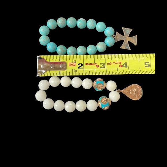 BRACELETS set of 2, turquoise white colored beads with cross & charm - Picture 7 of 7